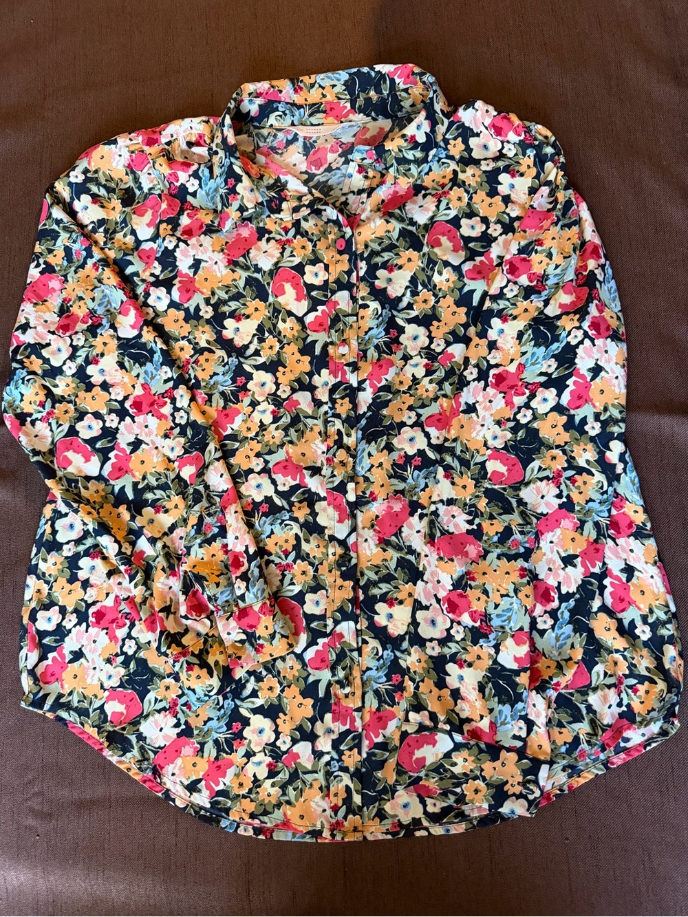 LC Lauren Conrad Navy Floral Button-Down Shirt with Pink & Yellow Blooms